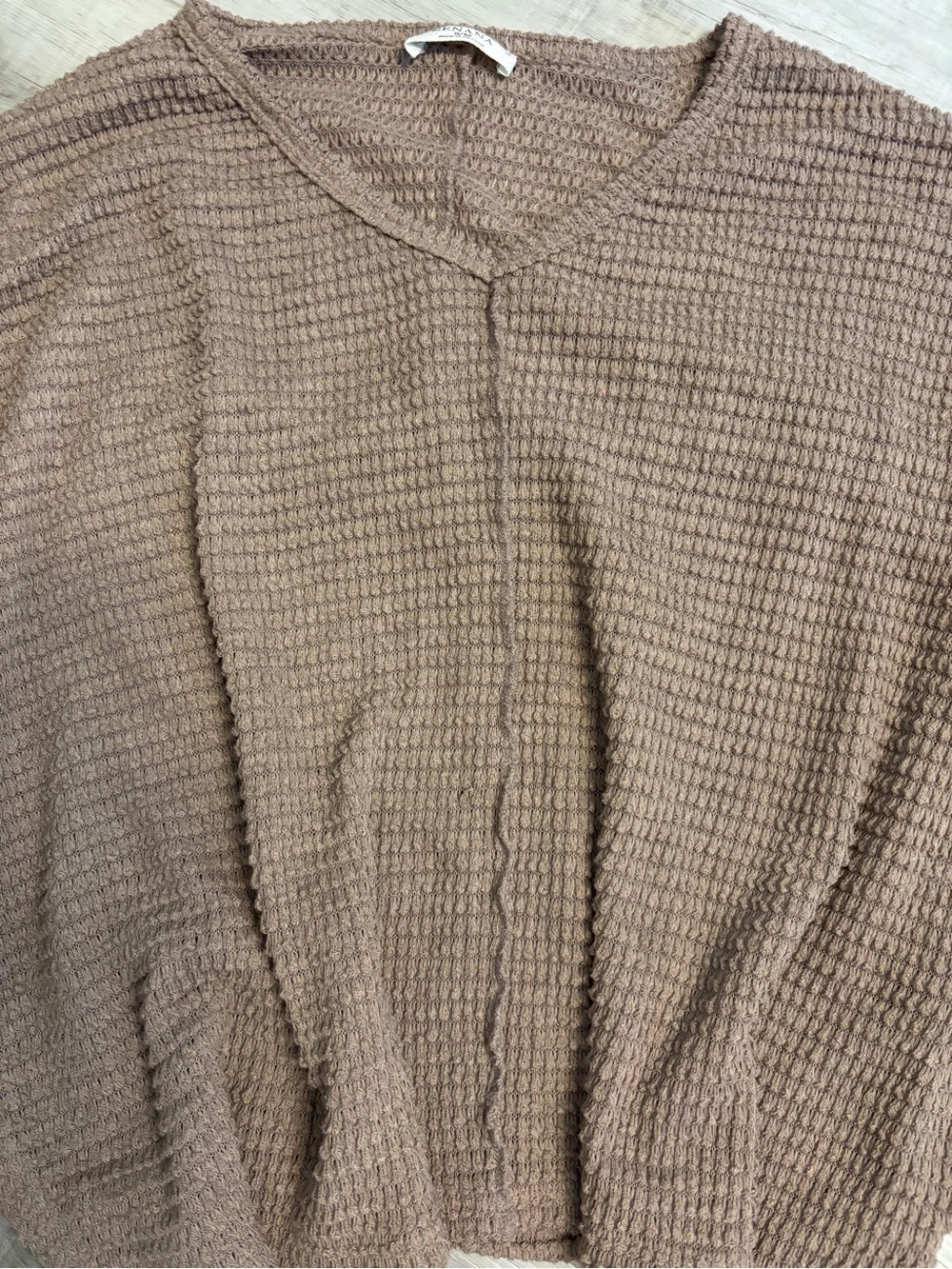 ⭐️ SALE - Zenana Waffle Knit Dolman Sweater Taupe V-Neck Oversized S/M Boho - Picture 7 of 9